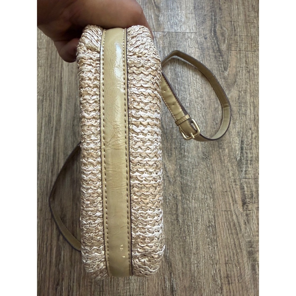 Sarah Violet Straw Woven Crossbody Bag Tan Patent Trim Small Summer Purse‎ - Picture 16 of 16
